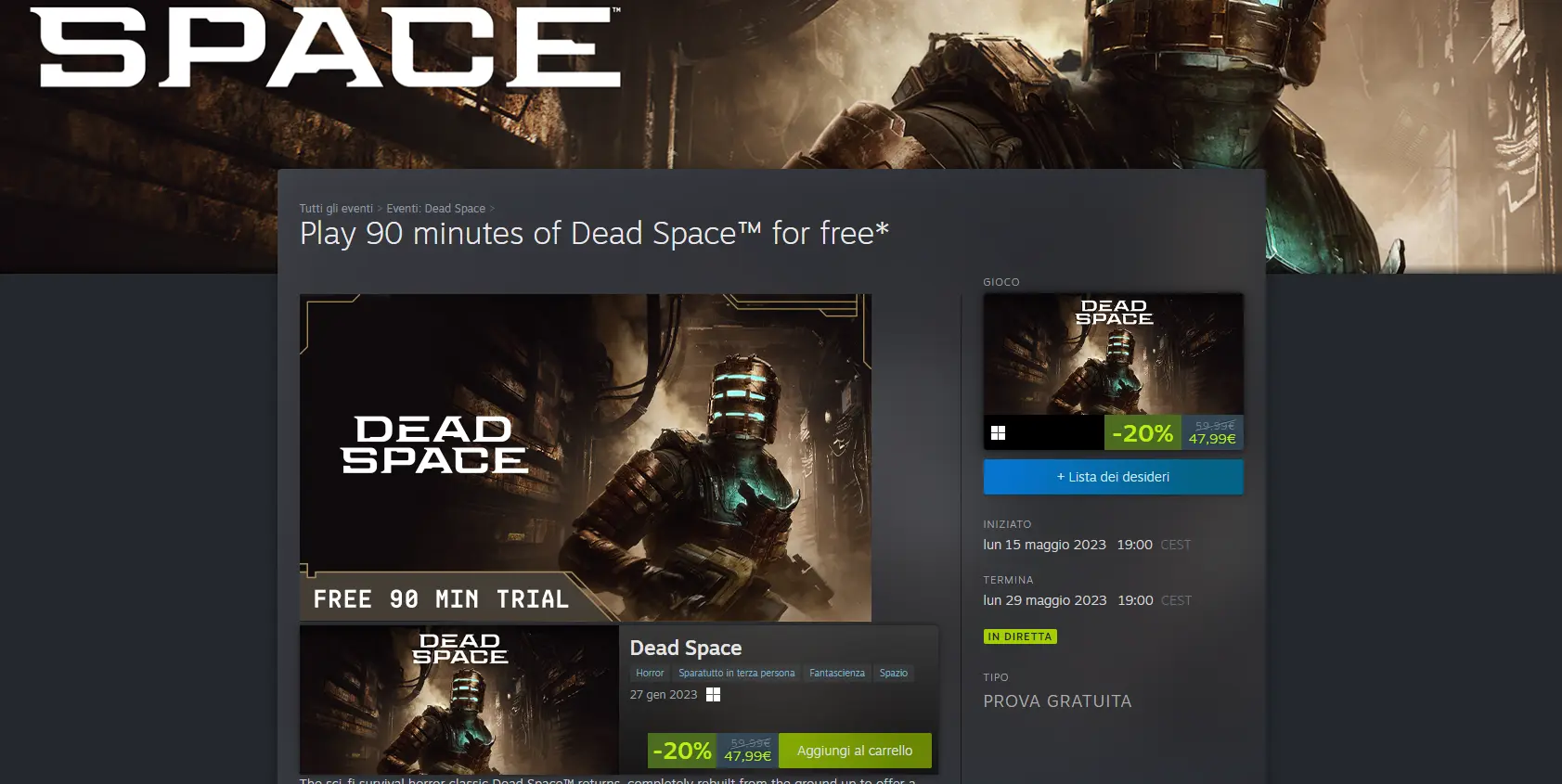 Steam free trial da 90 minuti, si parte con Dead Space