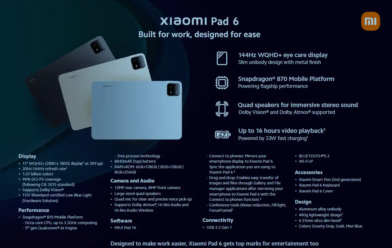 Xiaomi Pad 6 disponobile in Italia: caratteristiche, versioni, configurazioni e prezzi