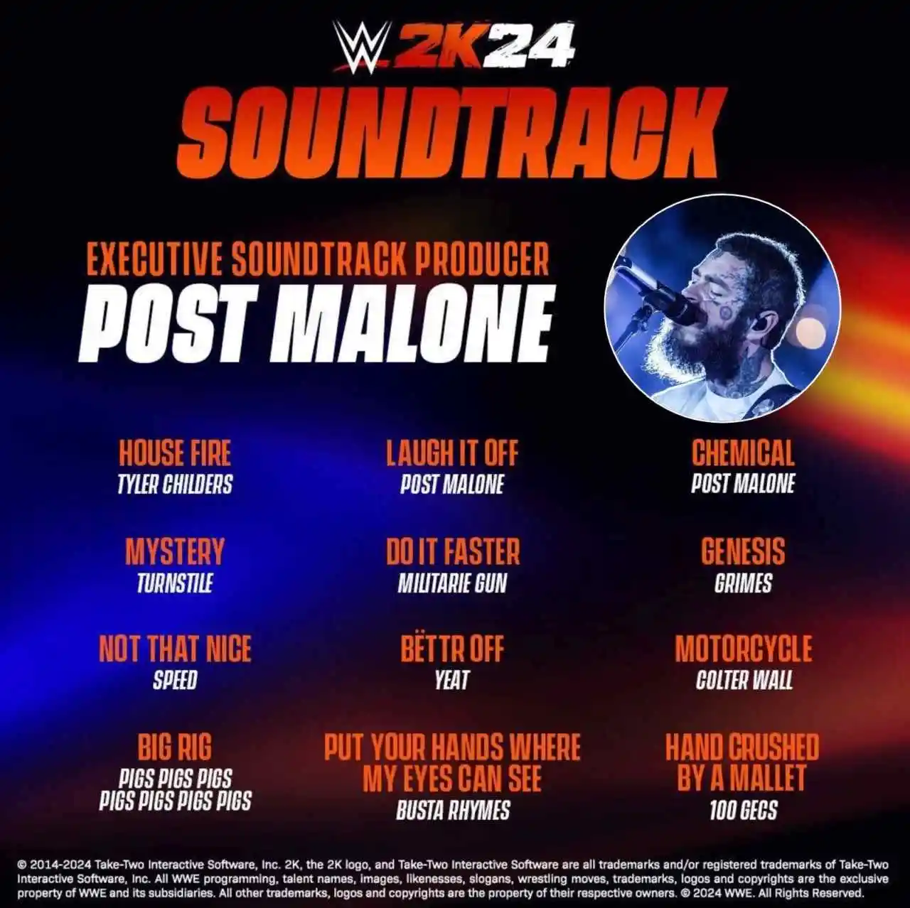 WWE 2K24: annunciata la colonna sonora curata da Post Malone, che sarà anche un personaggio giocabile