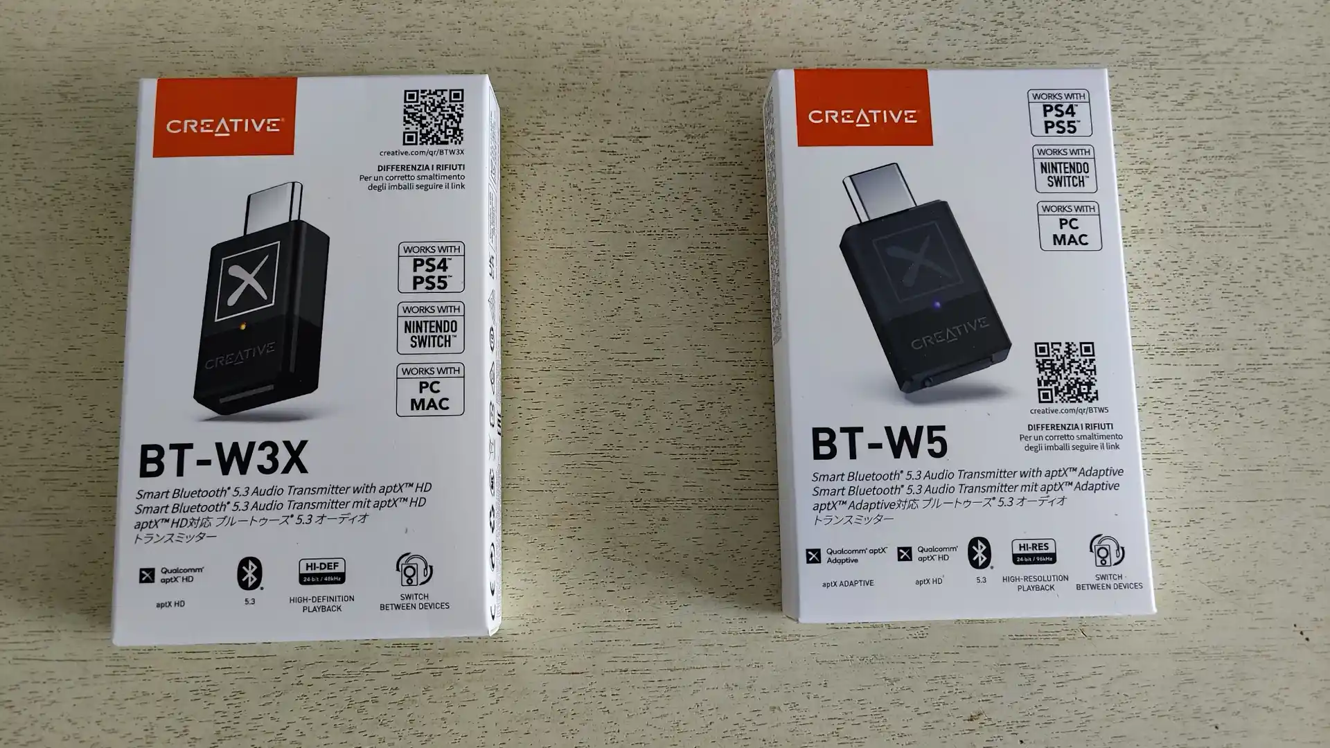 Creative BT-W5 e Creative BT-W3x recensione: ricevitori Bluetooth aptX per audio Hi-Res Lossless - unboxing