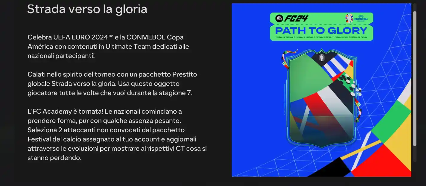 FC 24 Ultimate Team Path To Glory: evento promo Euro 2024 e Copa América - Grandi Del Calcio, Stagione 7 e Prestiti Globali