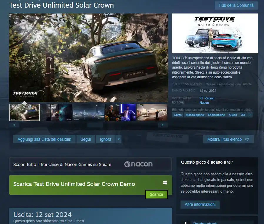 Test Drive Unlimited Solar Crown demo disponibile a sorpresa su PC, ma avete solo pochi giorni: contenuti e dimensioni download e