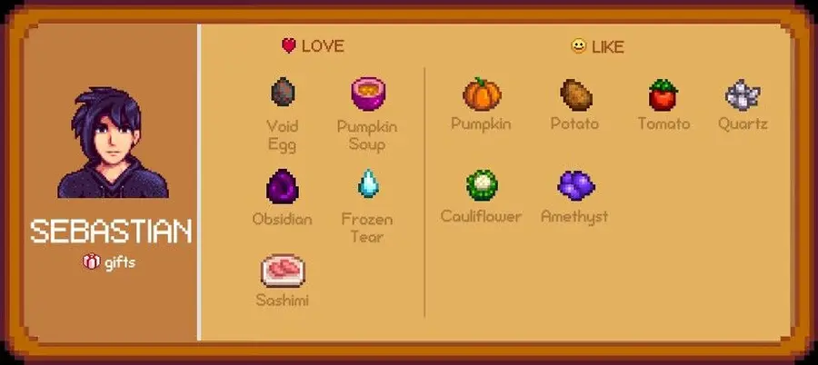 Cosa piace a Sebastian di Stardew Valley, cosa non gli piace