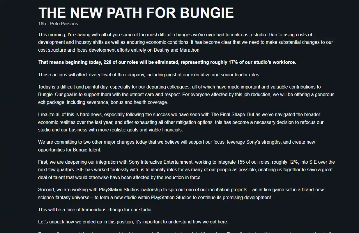 Bungie licenzia 220 sviluppatori, il 17% della forza lavoro, forma un nuovo studio con PlayStation: Destiny e Marathon verso un nuovo sentiero
