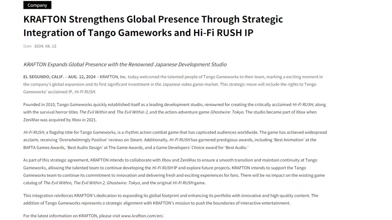 Hi-Fi Rush e Tango Gameworks salvati dall'acquisizione da parte di Krafton, lo studio non chiuderà
