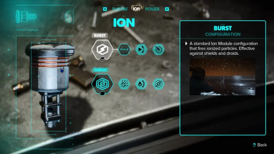 moduli e configurazioni per potenziare il blaster in star wars outlaws, ion power e plasma