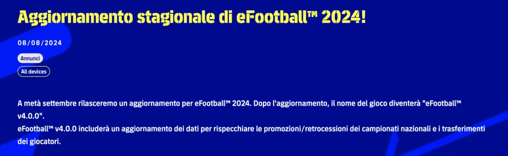 versione 4.0.0 di efootball 2024 dettagli stagione uscita