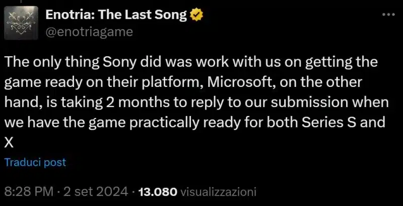 Enotria su Xbox rinviato a tempo indeterminato