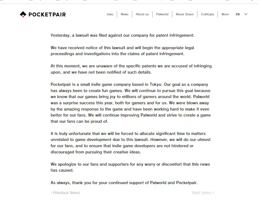 Pocketpair combatterà in tribunale