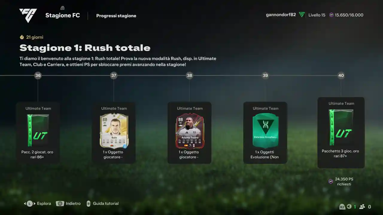 Tutti i premi della Stagione 1 Rush Totale di FC 25. Bale Icona base in prestito e Odama Traoré Tour Mondiale.