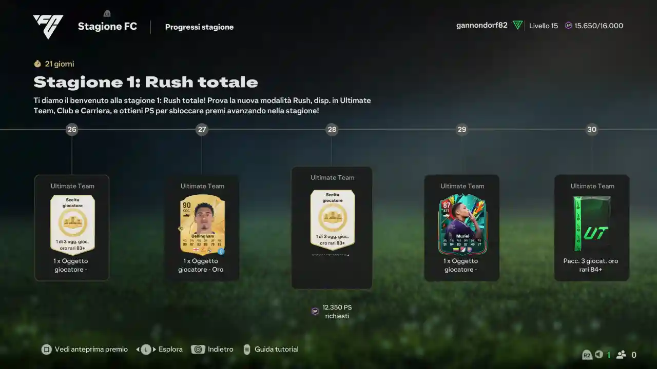 Tutti i premi della Stagione 1 Rush Totale di FC 25. Premi Oggetti scelta giocatore, Bellingham in prestito e Muriel 87.