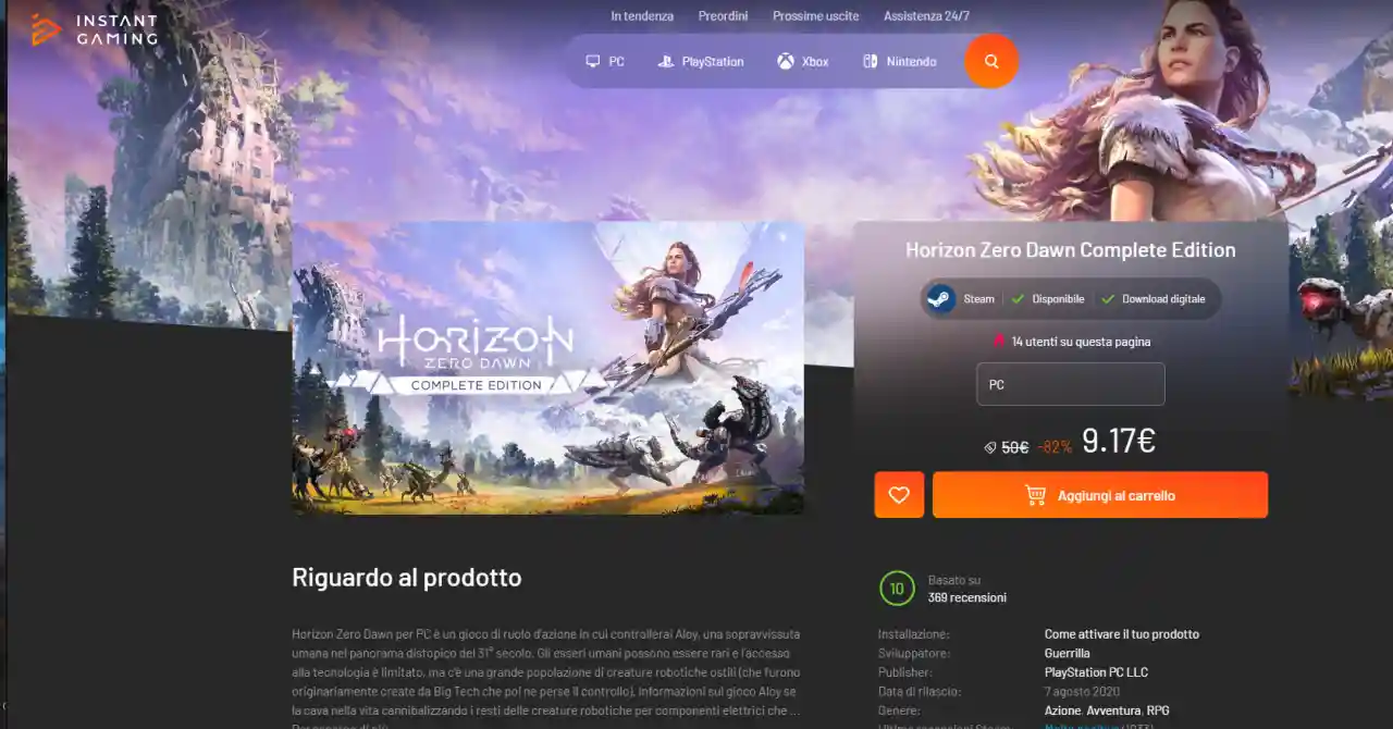 Horizon Zero Dawn Complete Edition Instant Gaming a 9 euro per esegure upgrade a basso costo a Horizon Zero Dawn Remastered.