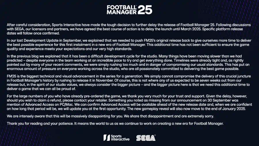 football manager 25 rinviato