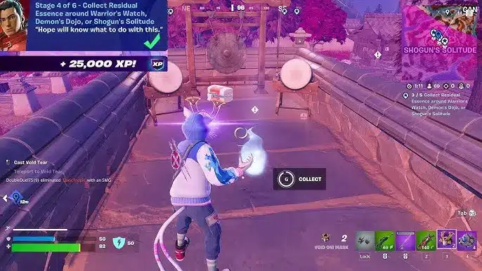 Ottieni Essenza residua in Fortnite dojo demoniaco, garitta del guerriero, sosta dello shogun mappa location