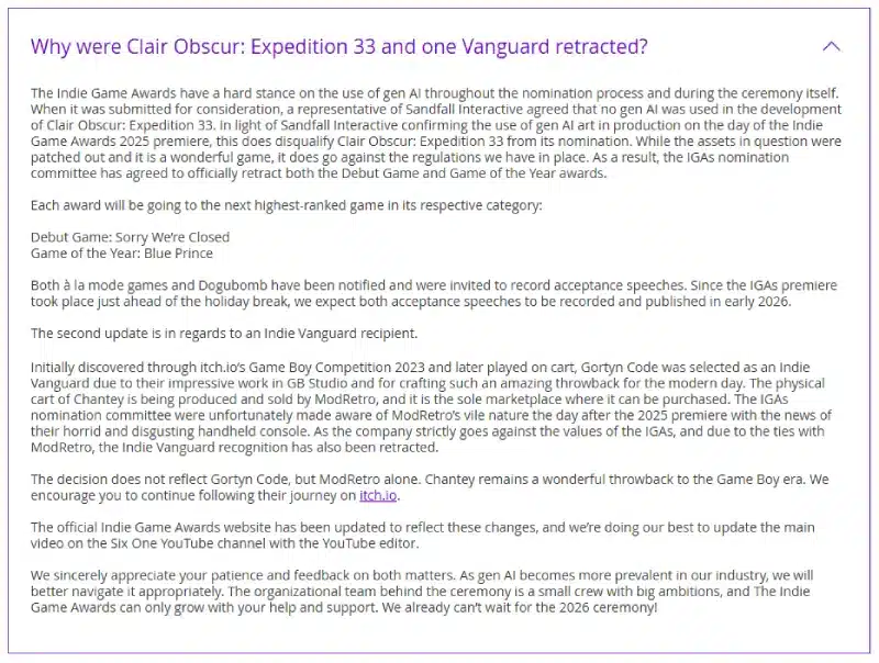 Indie Game Awards 2025 faq clair obscur expedition squalificato, indie vanguard