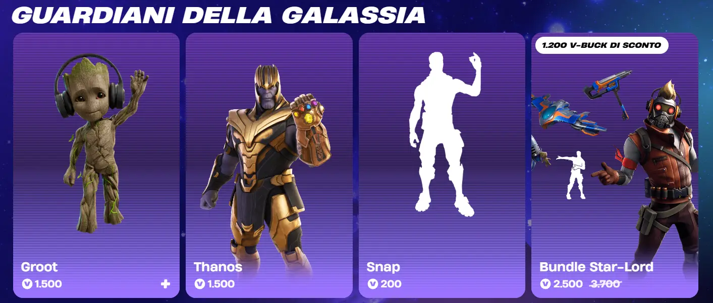Bundle costumi di Thanos e Guardiani della Galassia su Fortnite