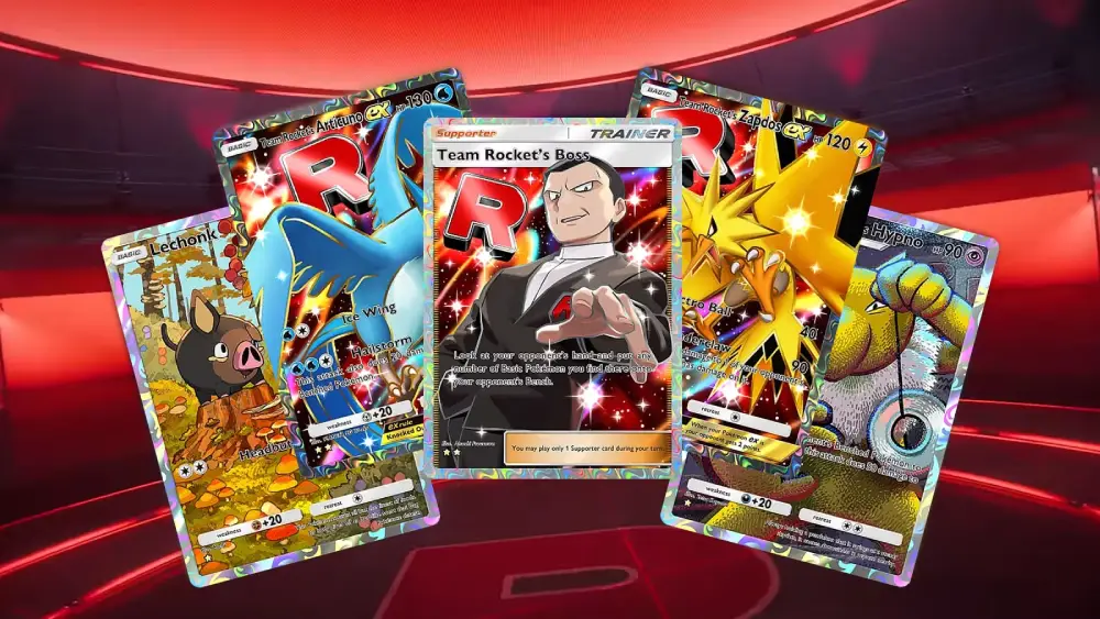 carte de I Loschi Piani del Team Rocket, Pokémon TCG Pocket, GCC Pokémon Pocket, Team Rocket's Ambition Card List, Articuno EX del Team Rocket, Zapdos EX del Team Rocket, Moltres EX del Team Rocket